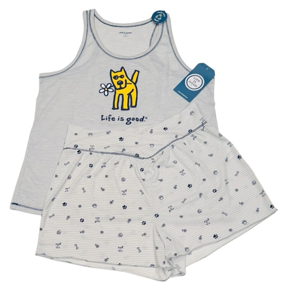 LIFE IS GOOD 2 Piece Set Animal Lover Dogs Striped Floral Pajamas NWT Large - Picture 1 of 13